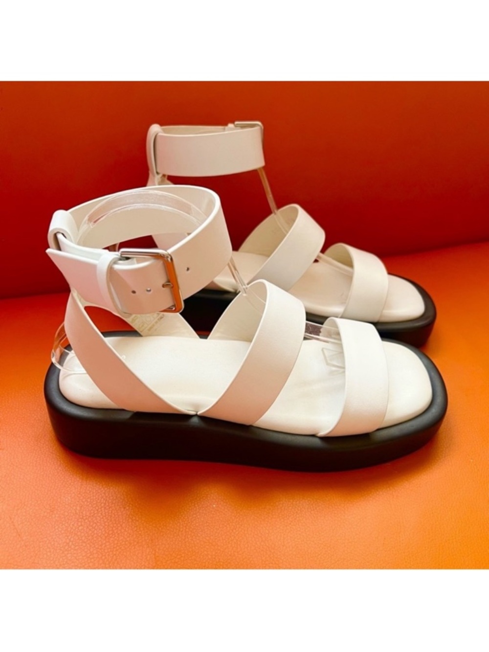 New! BOSS Gladiator Platform Sandals Strappy Leather Sandals White Black - Picture 11 of 13